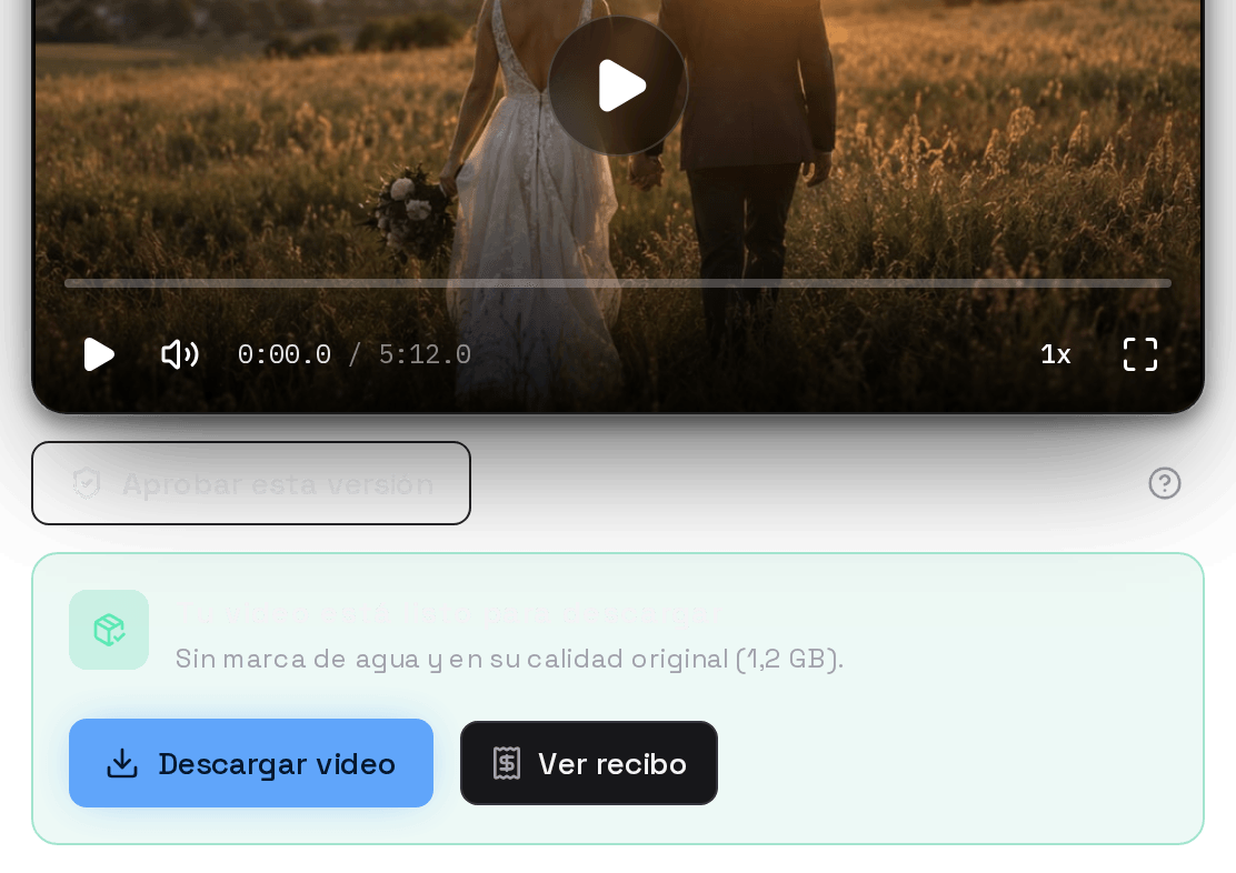 Vista del cliente con datos de ejemplo tras pagar: el video sin marca de agua y el aviso Tu video está listo para descargar, con Descargar video y Ver recibo.